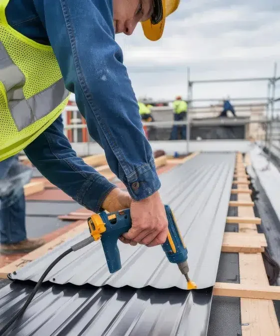 Man installing metal roofing sheets